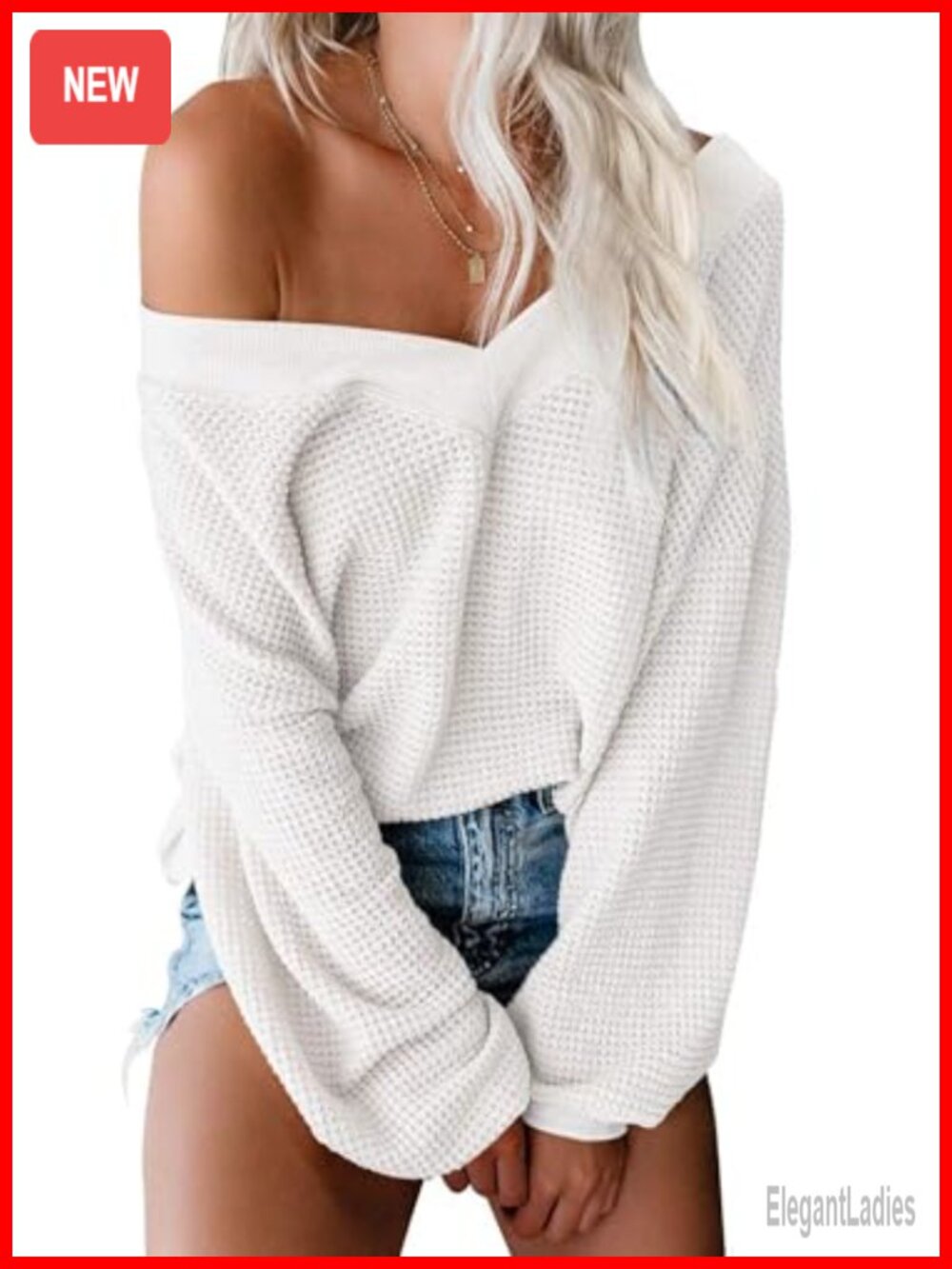Waffle Knit Off Shoulder Oversized Sweater Top Bell Sleeve